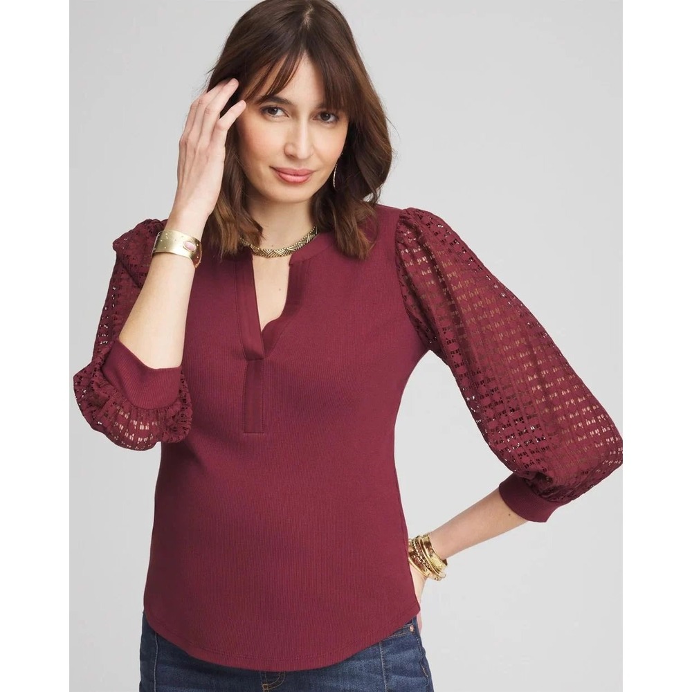 Chicos Split Neck Lace Balloon Sleeve Top Maroon Size 1 (Medium) Coastal Casual